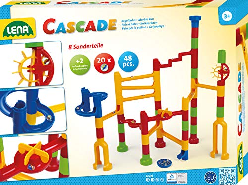 Lena Cascade 65290 Speed knikkerbaan van kunststof, bouwdoos met 44 baanelementen en 20 ballen, motoriek en constructiespeelgoed voor kinderen vanaf 3 jaar, geel, blauw, rood, groen