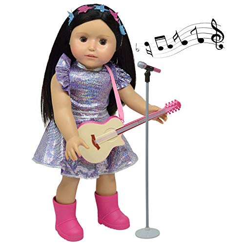 The New York Doll Collection Poppen muziekspeelset bevat gitaar - microfoon - fonkelende kleding voor mode-meisjespoppen - past poppen van 46 cm - poppenspeelset - poppenaccessoires