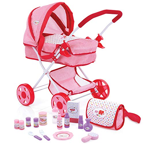 Hauck D96589 Little Mommy 17-delige poppenspeelset met poppenwagen, luiertas en diverse kleine onderdelen zoals flessen, bestek, borstel, houder roze/rood